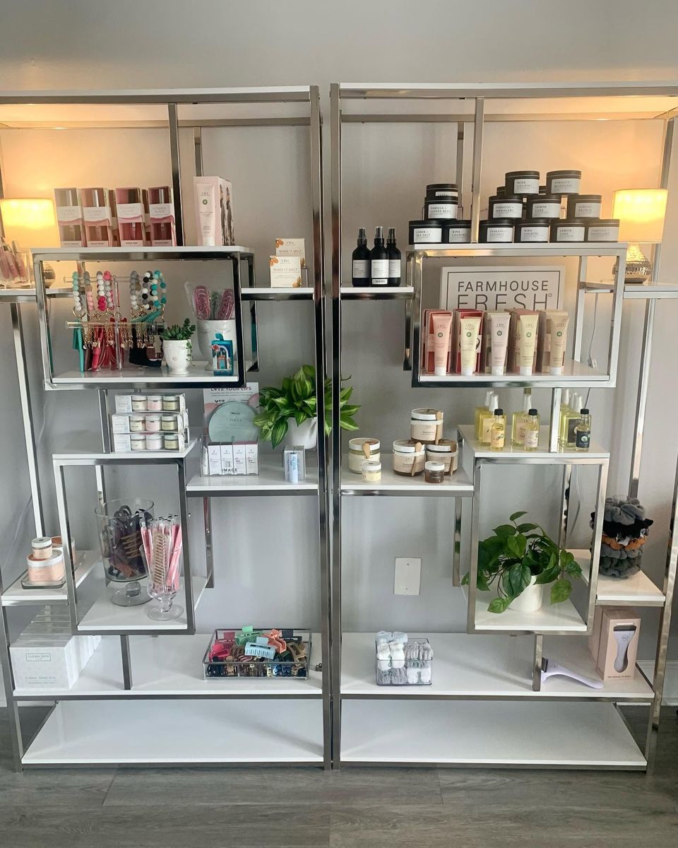 Retail skincare shelves at Bliss Health Spa